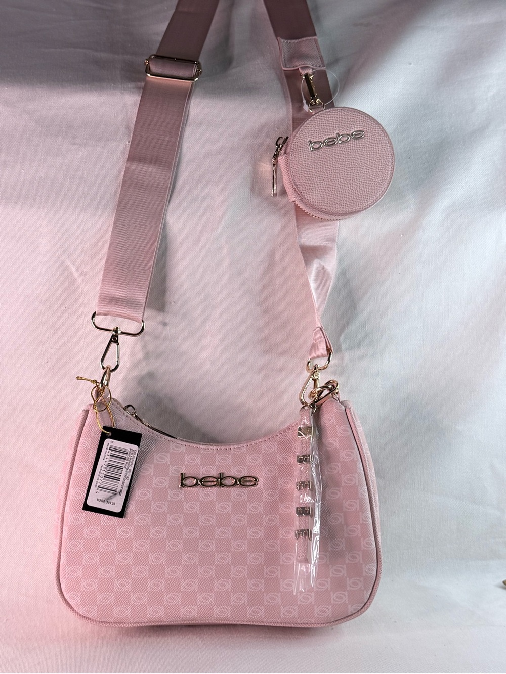 bebe Pink Signature Crossbody Bag with Coin Pouch, Keychain and adjustable Strap